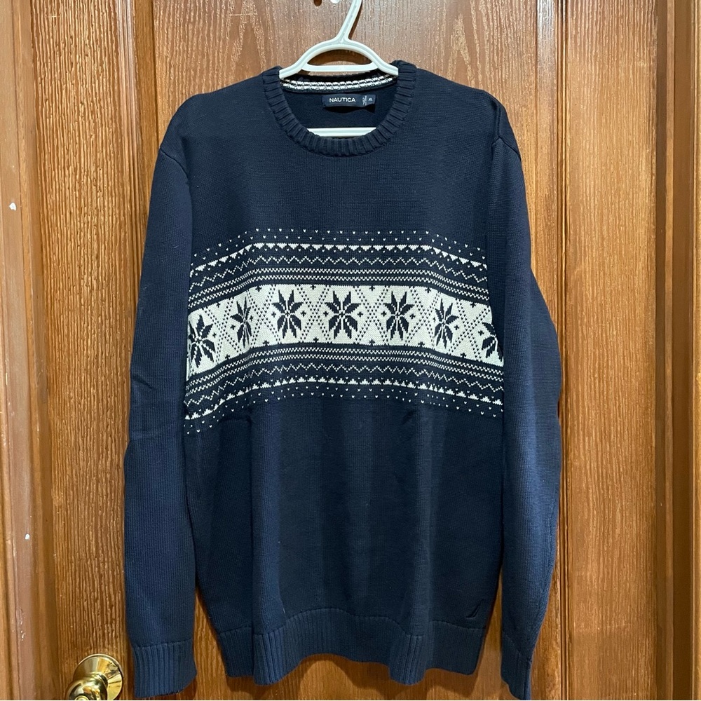 Nautica Men's Navy Blue Sweater Cream Nordic Snowflake Pattern Size XL